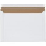 A 12 1/2 x 9 1/2 Stayflats® Express Mailer is shown with its flap open, displaying sturdy construction for securely shipping documents. It features a plain white exterior, brown interior, and comes in packs of 250 per case.
