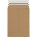 The rectangular 6 x 8 Kraft Self-Seal Stayflats Plus® Mailer features a straight flap with visible adhesive, displayed flat to show its textured surface. Each case includes 100 mailers, ensuring youll always have one ready.