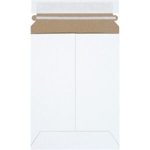 The 6 x 8 White Self-Seal Stayflats Plus® Mailers (100/Case) include a secure brown adhesive strip for sealing. The envelope is plain with visible folding creases and features an open flap for easy use.