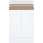 The 6 x 8 White Self-Seal Stayflats Plus® Mailer, from a 25 pack, features a brown cardboard strip visible at the open top. It stands upright on a white background, highlighting its sturdy build and ready-to-use convenience for secure mailing.