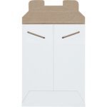 A 6 x 8 White Stayflats® mailer features a brown fold-over tab closure, two diagonal slits on the front for securing the tab, and is displayed vertically. Sold unsealed in cases of 100.