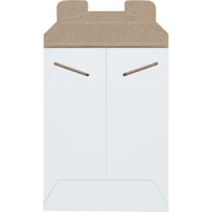 A 6 x 8 White Stayflats® mailer features a brown fold-over tab closure, two diagonal slits on the front for securing the tab, and is displayed vertically. Sold unsealed in cases of 100.