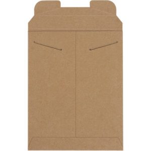 A front-facing, closed 9 x 11 1/2 Kraft Stayflats® Mailer with metal fasteners is depicted on a white background, showcasing its durable and simple design. Available in cases of 100.
