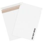 A pair of white rigid 9 x 11 1/2 Stayflats® mailers, one slightly overlapping the other, includes a strong peel-and-seal closure. DO NOT BEND is printed boldly in black on the lower right corner. Mailers are conveniently available in a pack of 100 per case.
