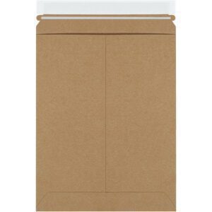 A brown kraft paper envelope from the 9 x 11 1/2 Kraft Self-Seal Stayflats Plus® Mailers (100/Case) with a peel-and-seal closure is displayed against a plain white background, ideal for documents.