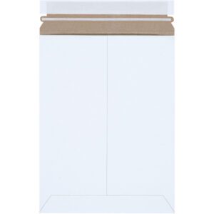 A plain white 9 x 11 1/2 White Self-Seal Stayflats Plus® mailer, featuring an overlapping flap with a brown adhesive strip for easy sealing, is positioned vertically against a white background.