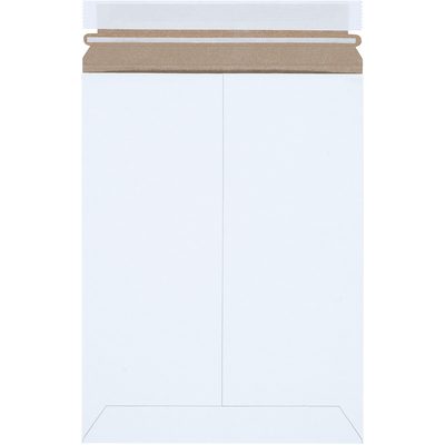 RM2SS.jpg A plain white 9 x 11 1/2 White Self-Seal Stayflats Plus® mailer, featuring an overlapping flap with a brown adhesive strip for easy sealing, is positioned vertically against a white background.
