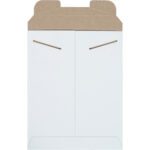 An unfolded pizza box, laid flat, displays its inner fold lines and cutouts—similar to the practical design of 9 x 11 1/2 White Stayflats® Mailers (100/Case) with a brown top and white bottom.