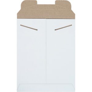 An unfolded pizza box, laid flat, displays its inner fold lines and cutouts—similar to the practical design of 9 x 11 1/2 White Stayflats® Mailers (100/Case) with a brown top and white bottom.