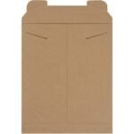 The 11 x 13 1/2 Kraft Stayflats® Mailers feature a brown paper envelope with a triangular flap and two black string closures, ideal for securely shipping documents or photos. Available in cases of 100, they elegantly rest against a white background.