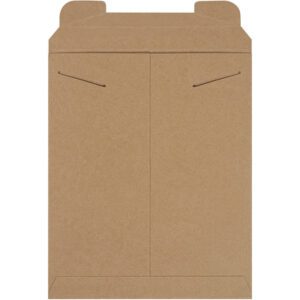 The 11 x 13 1/2 Kraft Stayflats® Mailers feature a brown paper envelope with a triangular flap and two black string closures, ideal for securely shipping documents or photos. Available in cases of 100, they elegantly rest against a white background.