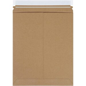 The 11 x 13 1/2 Kraft Self-Seal Stayflats Plus® Mailer is a rectangular, sturdy paper envelope with a peel-and-seal closure, ideal for mailing documents. Its available in packs of 100 per case and features a visible flap and sealing strip from the front.