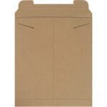 A front-view of a brown, rectangular cardboard box with visible folds and slots for easy assembly, perfect for packaging or shipping 12 3/4 x 15 Kraft Stayflats® Mailers (100/Case).