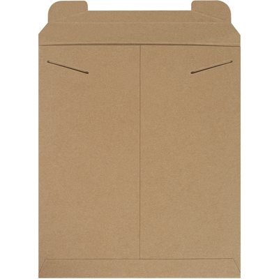 RM4.jpg A front-view of a brown, rectangular cardboard box with visible folds and slots for easy assembly, perfect for packaging or shipping 12 3/4 x 15 Kraft Stayflats® Mailers (100/Case).