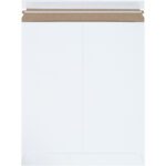 A 12 3/4 x 15 white self-seal Stayflats Plus® mailer, featuring a rigid brown closure strip at the top, is displayed vertically to highlight its minimalist design against a white background.