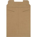 The 9 3/4 x 12 1/4 Kraft Stayflats® mailer is brown, rectangular, features creased edges, and closes securely with two small metal clasps.