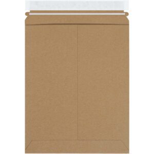 A brown Kraft Self-Seal Stayflats Plus® Mailer (9 3/4 x 12 1/4) features a peel-and-seal strip and reinforced edges for mailing. It lies unaddressed on a white background. Available in cases of 100.