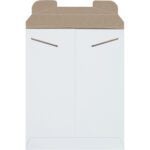 The 9 3/4 x 12 1/4 White Stayflats® Mailers come in packs of 100 per case, feature sturdy cardboard with two diagonal slits on the front, and have a flat rectangular base with partially open top flaps for secure packaging or shipping.