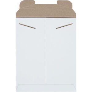 The 9 3/4 x 12 1/4 White Stayflats® Mailers come in packs of 100 per case, feature sturdy cardboard with two diagonal slits on the front, and have a flat rectangular base with partially open top flaps for secure packaging or shipping.
