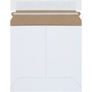 The 6 3/8 x 6 white self-seal Stayflats Plus® mailer features a sturdy cardboard with a brown interior and a peel-and-seal adhesive, ideal for secure shipping. Its flat square design has creases for easy folding, making mailing effortless (200/Case).