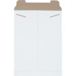 A depiction of a modern white double-door cabinet with slit handles and light brown top, resembling the minimalist design of 13 x 18 White Stayflats® Mailers (100/Case), where the top slightly overhangs the edges.
