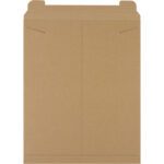 The 17 x 21 Kraft Stayflats® Mailers (50/Case) are large, brown envelopes with two triangular flaps and a horizontal crease. They have diagonal slits for flap security and appear sturdy, ideal for mailing documents.
