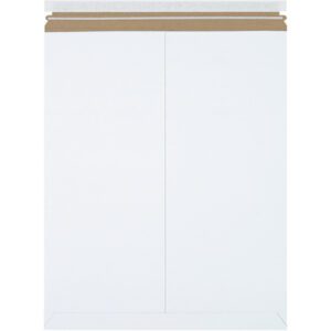 The 17 x 21 White Self-Seal Stayflats Plus® Mailer features reinforced edges for durability and a brown adhesive strip for closure. Its simple design is ideal for efficient mailing, and each case includes 100 mailers.