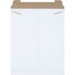 The 17 x 21 White Stayflats® Mailers have a brown flap with curved slits for secure closure, ideal for storing or mailing documents and photos. Each case includes 100 durable envelopes.