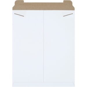 The 17 x 21 White Stayflats® Mailers have a brown flap with curved slits for secure closure, ideal for storing or mailing documents and photos. Each case includes 100 durable envelopes.