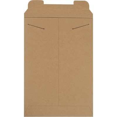 RM8.jpg A plain brown cardboard garment box, akin to 11 x 16 Kraft Stayflats® Mailers (100/Case), has foldable top flaps. It stands upright with a minimalist design, without any text or labels.