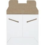 The MH-USA 5 1/8 x 5 1/8 White Stayflats Mailers, available in cases of 200, have a simple design with front slits as eyes and an open top flap like a friendly face.