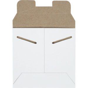 The MH-USA 5 1/8 x 5 1/8 White Stayflats Mailers, available in cases of 200, have a simple design with front slits as eyes and an open top flap like a friendly face.
