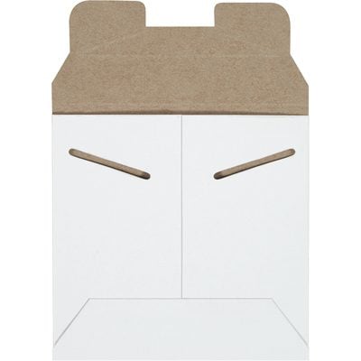 RM8W.jpg The MH-USA 5 1/8 x 5 1/8 White Stayflats Mailers, available in cases of 200, have a simple design with front slits as eyes and an open top flap like a friendly face.