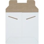 A 6 x 6 kraft-paper envelope with a reusable hook and loop closure, featuring two reinforced holes for secure fastening. The brown top flap contrasts with the white Stayflats® Mailers body, available in cases of 200.