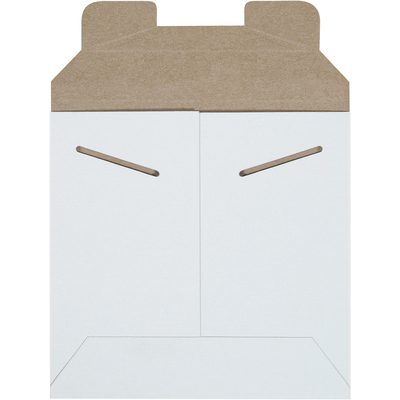 RM9.jpg A 6 x 6 kraft-paper envelope with a reusable hook and loop closure, featuring two reinforced holes for secure fastening. The brown top flap contrasts with the white Stayflats® Mailers body, available in cases of 200.