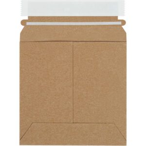 A 6 x 6 Kraft Self-Seal Stayflats Plus® Mailer in brown, featuring a peel-and-seal strip on top, is displayed vertically to highlight its rectangular shape and simple design.