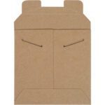 Amid a case of 200, a brown cardboard envelope with a string and button closure sits unfolded among the 6 x 6 Kraft Stayflats Mailers, showcasing its two flaps and precise closure points.