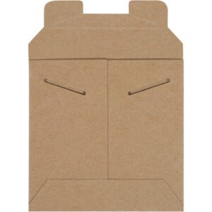 Amid a case of 200, a brown cardboard envelope with a string and button closure sits unfolded among the 6 x 6 Kraft Stayflats Mailers, showcasing its two flaps and precise closure points.