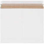 A 12 1/4 x 9 3/4 White Stayflats Lite® Mailer (200/Case) rests on a white background with its flap open, revealing the adhesive strip. Partially peeled and ready for use, this mailer ensures secure and efficient mailing.