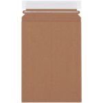 A 6 x 9 Kraft Stayflats Lite Mailer, rectangular with reinforced edges and a slightly textured surface, features a peel-and-seal closure; available in cases of 250. Shown from the back.
