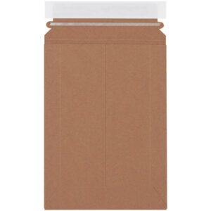 A 6 x 9 Kraft Stayflats Lite Mailer, rectangular with reinforced edges and a slightly textured surface, features a peel-and-seal closure; available in cases of 250. Shown from the back.