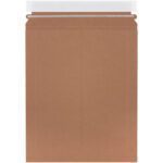 An 8 1/2 x 11 Kraft Stayflats Lite Mailer, emptied and standing against a white backdrop, highlights its flat shape and peel-and-seal closure.