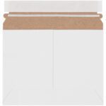 An open, square, white envelope with a brown paper lining lies flat, featuring a peel-and-seal adhesive strip on top. It resembles the sturdy and protective 8 x 6 White Stayflats Lite® Mailers (200/Case).