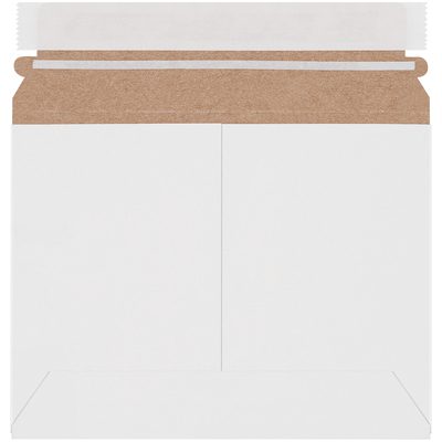 RMU86W.jpg An open, square, white envelope with a brown paper lining lies flat, featuring a peel-and-seal adhesive strip on top. It resembles the sturdy and protective 8 x 6 White Stayflats Lite® Mailers (200/Case).