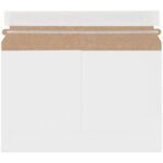 The 9 1/2 x 6 White Stayflats Lite® Mailers (200/Case) with peel-and-seal strip are shown open, showcasing their secure interior designed for protecting documents or items during mailing.