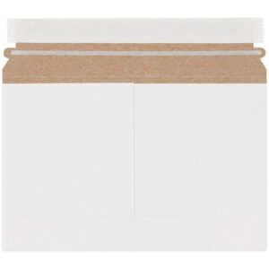 The 9 1/2 x 6 White Stayflats Lite® Mailers (200/Case) with peel-and-seal strip are shown open, showcasing their secure interior designed for protecting documents or items during mailing.