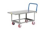 The Little Giant Ergonomic Work Height Platform Truck is a gray flatbed utility cart with four red and gray wheels. A blue handle facilitates easy maneuvering, while its open-frame design is ideal for transporting items in industrial or warehouse settings.