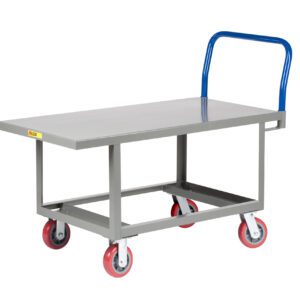 The Little Giant Ergonomic Work Height Platform Truck is a gray flatbed utility cart with four red and gray wheels. A blue handle facilitates easy maneuvering, while its open-frame design is ideal for transporting items in industrial or warehouse settings.