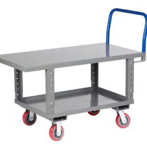 The Little Giant Ergonomic Work Height Platform Truck is a gray metal warehouse cart with flat top and bottom shelves, a blue handle, and four red and white caster wheels for easy maneuverability and efficient workspace management.