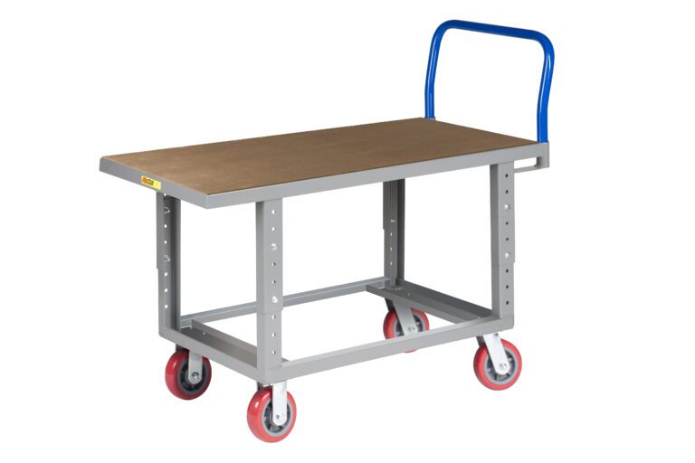 The Little Giant Ergonomic Work Height Platform Truck is a flatbed cart with a metal frame, blue handle, and red wheels on a white background. Its wooden top is expertly crafted for efficient goods transport.